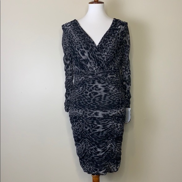 TADASHI SHOJI Black Leopard V-Neck Ruched Dress M - Picture 1 of 7